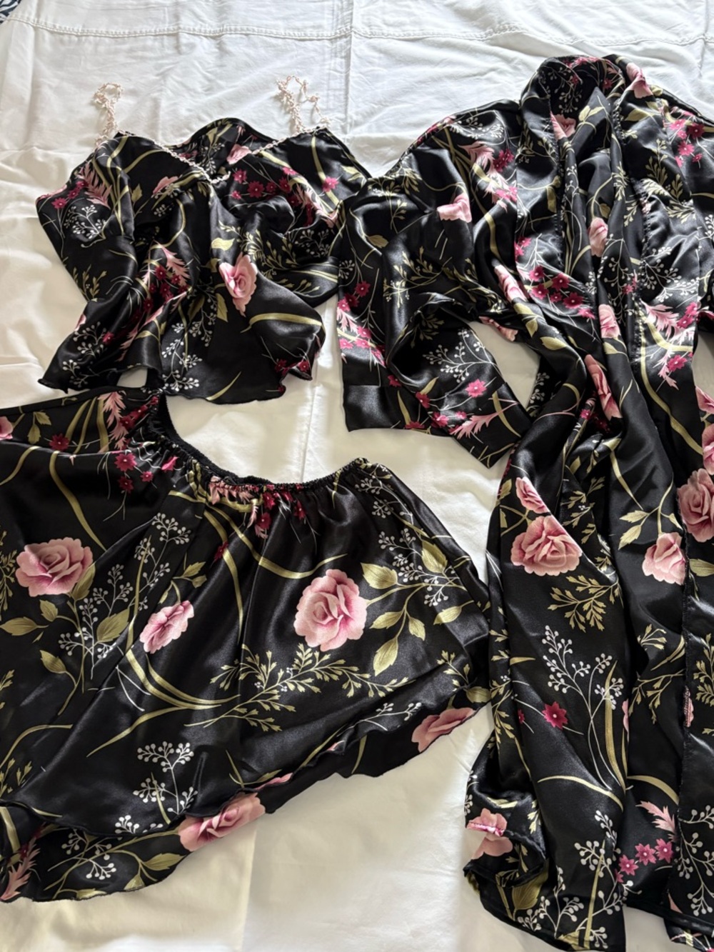 Vintage Colesce Couture Floral Satin Sleep Set - Black with Pink Rose Print